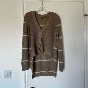 Nordstrom 360 Sweater Hi Low Tan Stripe Linen Blend Knit Cardigan Sweater